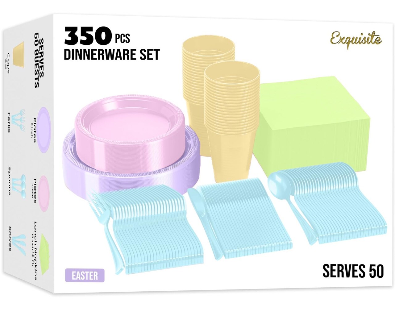 Exquisite 350 Pcs Plastic Plates for Party – Disposable Plates Set – 50 Each of 9" Dinner Plates, 7" Dessert Plates, Plastic Cups, Napkins & Plastic Cutlery – Plastic Dinnerware by Party Solids